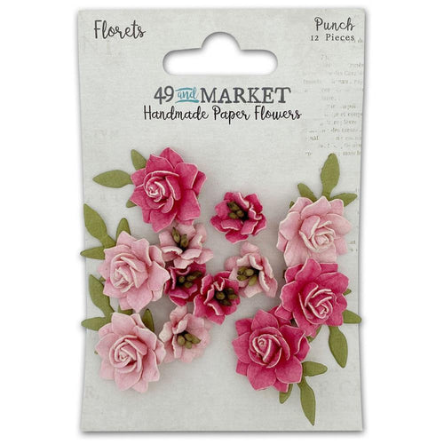 49 And Market - Florets Paper Flowers - Punch. Pack includes 12 separate pieces. This pack of micro flowers range in size from approximately .5 to .875 inches. Some florals have tiny leaves attached. Flowers are handmade. Available at Embellish Away located in Bowmanville Ontario Canada.