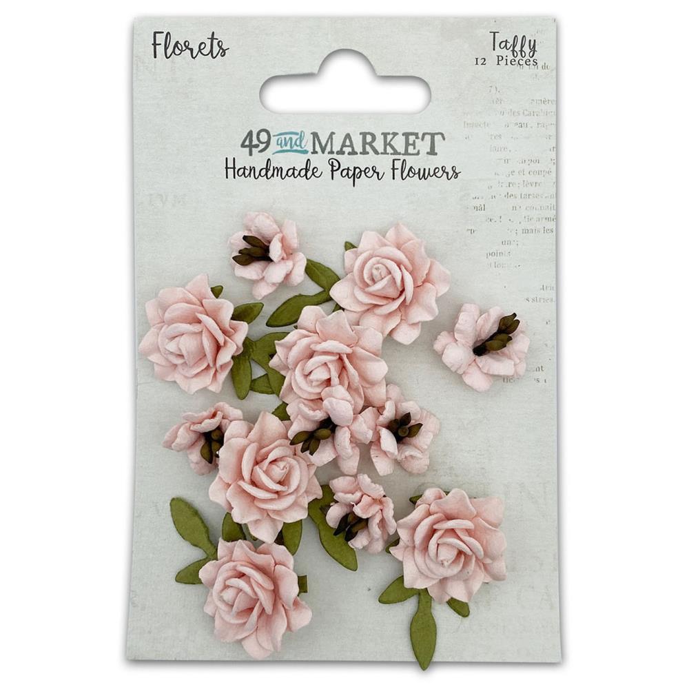 49 And Market - Florets Paper Flowers - Taffy. Pack includes 12 separate pieces. This pack of micro flowers range in size from approximately .5 to .875 inches. Some florals have tiny leaves attached. Flowers are handmade. Available at Embellish Away located in Bowmanville Ontario Canada.