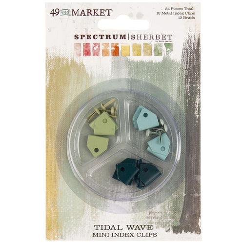 49 And Market - Spectrum Sherbert - Mini Metal Index Clips & Brads - 24/Pkg - Tidal Wave. Includes 24 colored metal pieces (12 mini index clips and 12 brads). Clips measure 0.5 inches wide. Imported. Available at Embellish Away located in Bowmanville Ontario Canada.