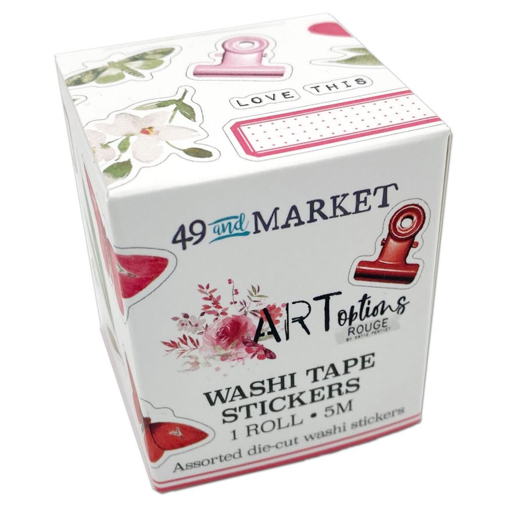 49 And Market - Washi Sticker Roll - ARToptions Rouge. Each roll has a repeat of approximately 13 in. long - 25 images repeated for a length of 5 m. Stickers can be used to decorate journals, scrapbook pages and other projects. Available at Embellish Away located in Bowmanville Ontario Canada.