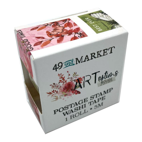 49 And Market - Washi Tape Roll - Postage Stamp - ARToptions Rouge. One roll of die-cut postage washi tape. Roll of tape contains beautiful designed stamps with florals and botanicals on postage stamps that each measure 1x1.25 inches. Available at Embellish Away located in Bowmanville Ontario Canada.