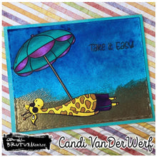Cargar imagen en el visor de la galería, Brutus Monroe - 6x8 Stamp Set - Beach Bum. This 17 piece stamp set is includes scenery, sentiments and  adorable characters ready to hit the beach. This set is perfectly sized to create tags, cards and layouts. Available at Embellish Away located in Bowmanville Ontario Canada. Card design by Candi VanDerWerf
