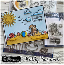 गैलरी व्यूवर में इमेज लोड करें, Brutus Monroe - 6x8 Stamp Set - Beach Bum. This 17 piece stamp set is includes scenery, sentiments and  adorable characters ready to hit the beach. This set is perfectly sized to create tags, cards and layouts. Available at Embellish Away located in Bowmanville Ontario Canada. Card design by Kathy Burress
