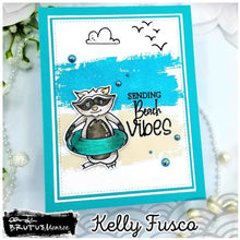 Cargar imagen en el visor de la galería, Brutus Monroe - 6x8 Stamp Set - Beach Bum. This 17 piece stamp set is includes scenery, sentiments and  adorable characters ready to hit the beach. This set is perfectly sized to create tags, cards and layouts. Available at Embellish Away located in Bowmanville Ontario Canada. Card design by Kelly Fusca
