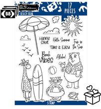 Load image into Gallery viewer, Brutus Monroe - 6x8 Stamp Set - Beach Bum. This 17 piece stamp set is includes scenery, sentiments and  adorable characters ready to hit the beach. This set is perfectly sized to create tags, cards and layouts. Available at Embellish Away located in Bowmanville Ontario Canada.
