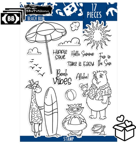 Brutus Monroe - 6x8 Stamp Set - Beach Bum. This 17 piece stamp set is includes scenery, sentiments and  adorable characters ready to hit the beach. This set is perfectly sized to create tags, cards and layouts. Available at Embellish Away located in Bowmanville Ontario Canada.