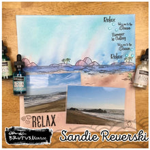 Load image into Gallery viewer, Brutus Monroe - 6x8 Stamp Set - Beach Time. This 16 piece stamp set includes everything you need to create a fabulous beach scene. Available at Embellish away located in Bowmanville Ontario Canada. 12x12 Layout example by Sandie Reverski
