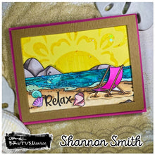 Load image into Gallery viewer, Brutus Monroe - 6x8 Stamp Set - Beach Time. This 16 piece stamp set includes everything you need to create a fabulous beach scene. Available at Embellish away located in Bowmanville Ontario Canada. Card example by Shannon Smith
