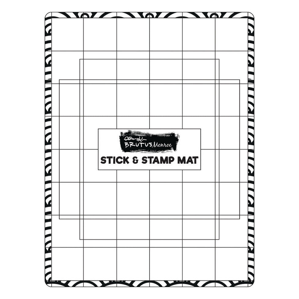 Brutus Monroe - Tools - Stick and Stamp Mat. The Brutus Monroe stick and stamp mat is a versatile low stick mat that can be utilized to hold your project in place while working. This mat can be used while ink blending and positioning your die cut letters just right. Use this mat to place your stencil on top of your project and you will never need to use tape to secure your stencil again!  Available at Embellish Away located in Bowmanville Ontario Canada.