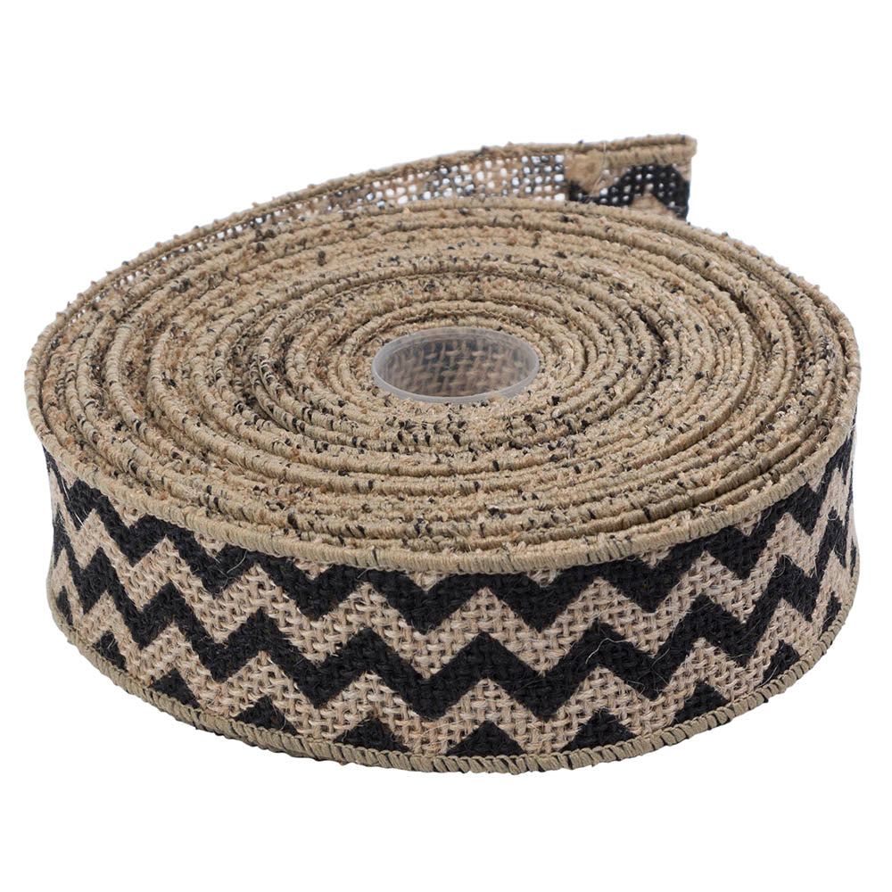 Burlap Ribbon - 1.5 inches - Black Chevron. Sold by12 inch lengths. Example: Purchase 36 inches, receive 36 inches all attached so you can cut to size. Available at Embellish Away located in Bowmanville Ontario Canada.