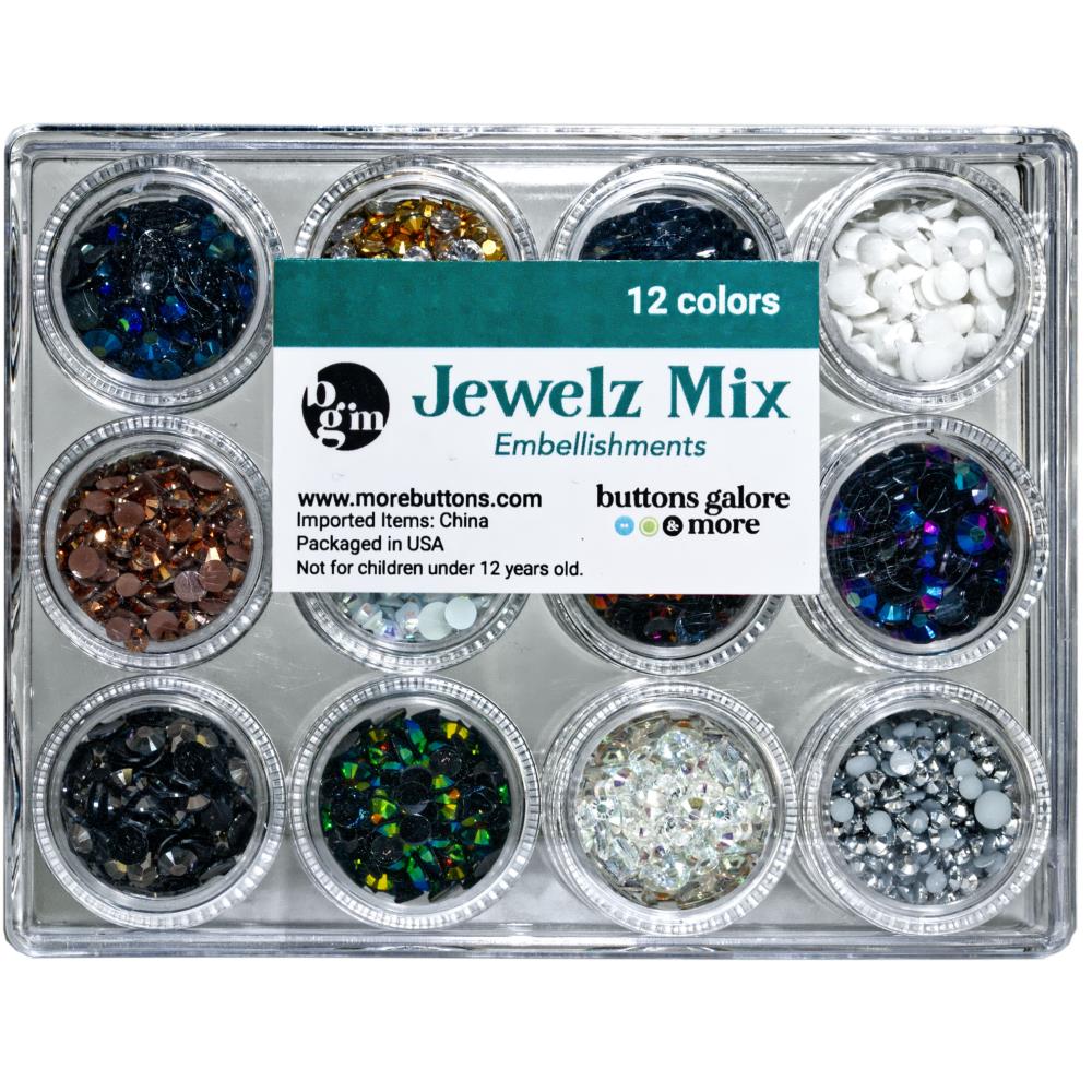 Buttons Galore - Jewelz Mix - Choose from a variety. 12 mini canisters of Jewelz in a 5X4 inch clear acrylic box. Each Jewelz Mix features 12 unique colors - 3.5 grams of each colors. Total 42 grams. Each set sold separately. Neutral. Available at Embellish Away located in Bowmanville Ontario Canada.