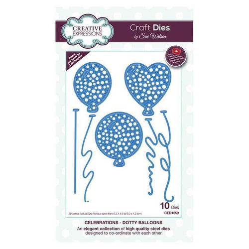Creative Expressions - Dies by Sue Wilson - Celebrations Collection - Dotty Balloons. Includes 10 dies. Various sizes from 2.1 x 1.8 to 3.5 x 4.7 inches. Available at Embellish Away located in Bowmanville Ontario Canada.