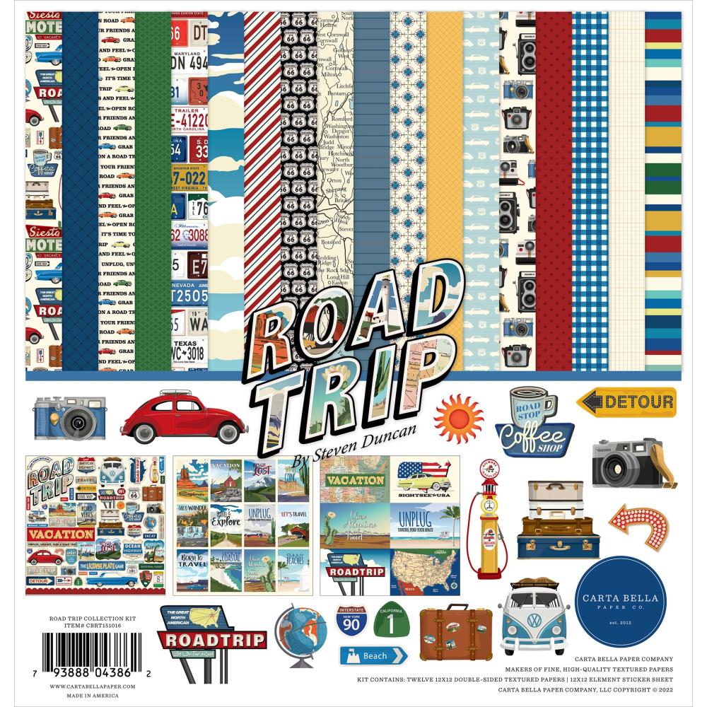 Carta Bella - Collection Kit 12X12 - Road Trip. The perfect addition to your paper crafting projects! With a variety of paper options your creativity will blossom. This package contains 12 double-sided 12x12 inch textured papers with a different design on each side and one 12x12 inch sticker sheet. Made in the USA. Available at Embellish Away located in Bowmanville Ontario Canada.