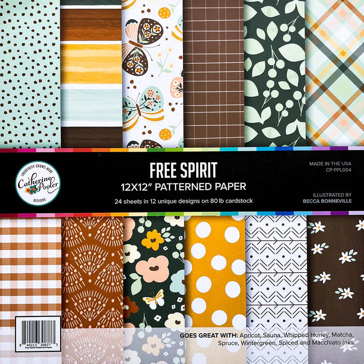 Catherine Pooler - 12x12 Patterned Paper - Free Spirit. The Free Spirit Patterned Paper features 12 patterns and prints with butterfly, floral and abstract texture papers. Available at Embellish Away located in Bowmanville Ontario Canada.