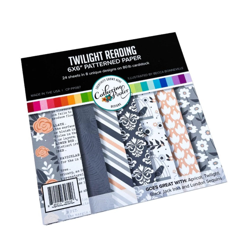 Catherine Pooler - 6x6 Patterned Paper - Twilight Reading. The Twilight Reading Patterned Paper is all about tone-on-tone Twilight & Black Jack grays with a soft pop of Apricot.  This pack has a botanical library theme and features a number of floral prints and elegant patterns. Available at Embellish Away located in Bowmanville Ontario Canada.