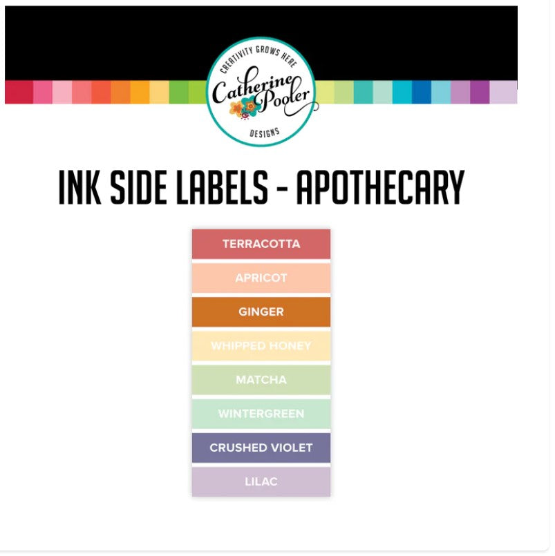 Catherine Pooler - Apothecary - Side Labels. These stickers were designed for you to label your CP full sized ink pads for quick and easy identification of your stored pads. Available at Embellish Away located in Bowmanville Ontario Canada.