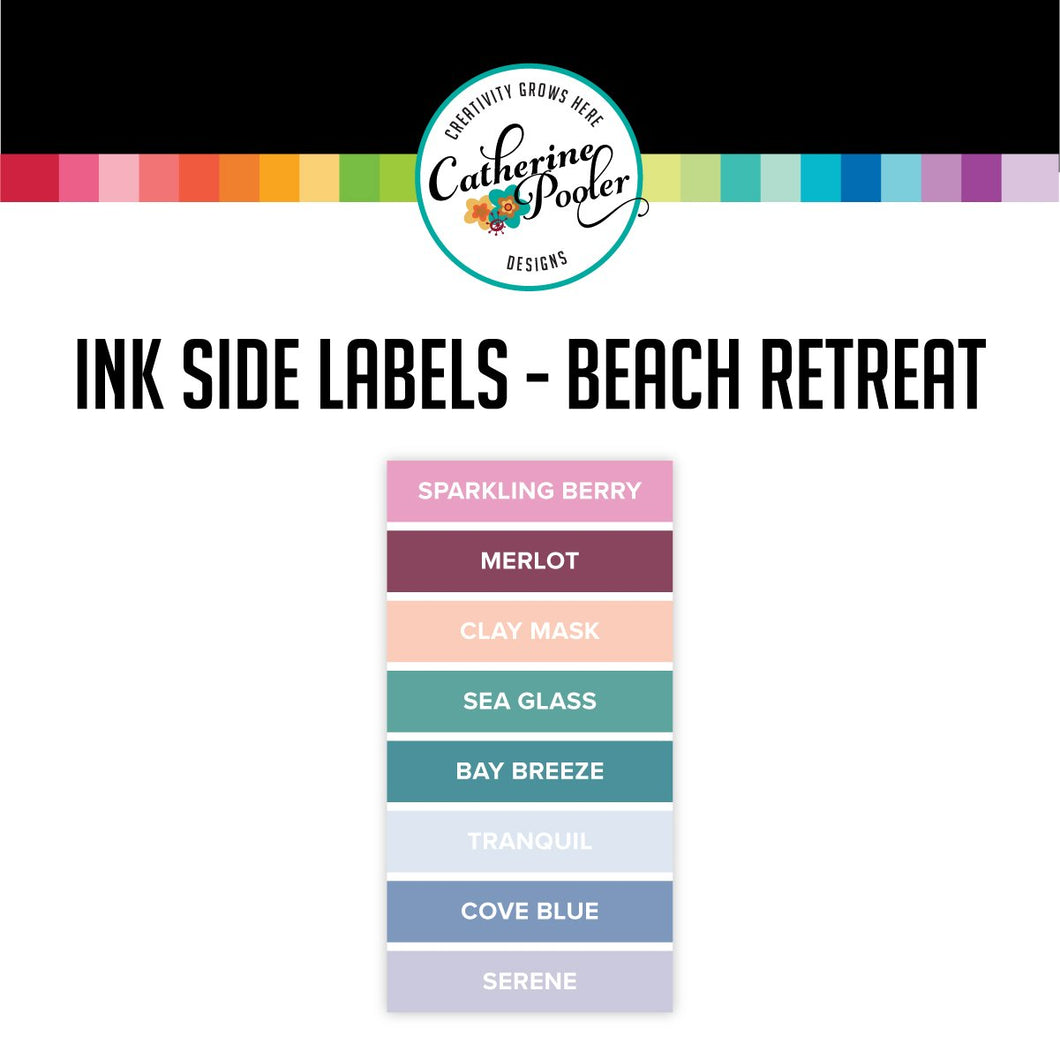 Catherine Pooler - Beach Retreat - Side Labels. These stickers were designed for you to label your CP full sized ink pads for quick and easy identification of your stored pads. Simply cut and peel each label and place on the side of your ink pads. The stickers are sold in sets of 8 according to each line of color. Available at Embellish Away located in Bowmanville Ontario Canada.