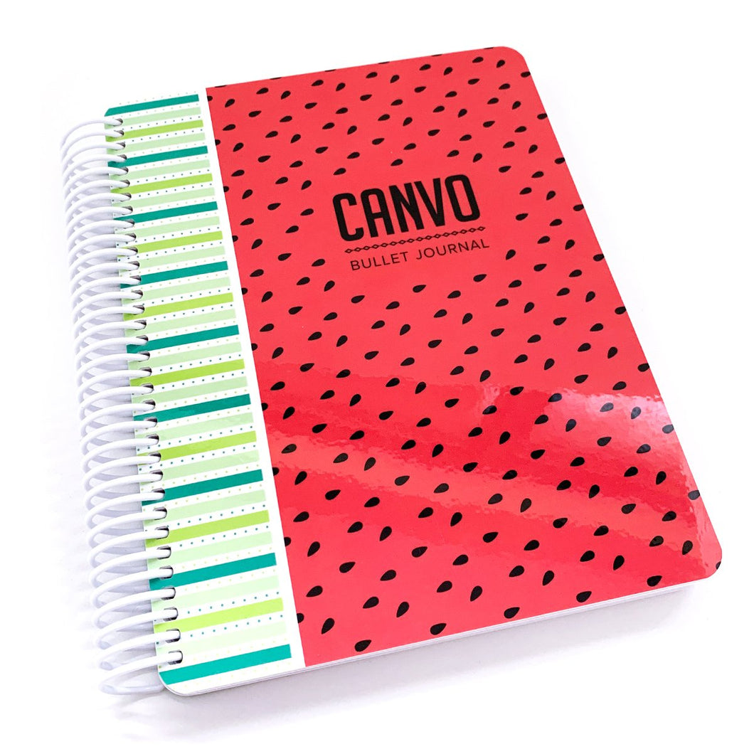 Catherine Pooler - Canvo Journal - Summer Slice. The Canvo™ is our spin on the bullet journal. It's a place for your calendar, your to-do lists and daily musings. On the pages of your Canvo journal, you’ll stay organized, track goals, and let your creative spirit free. The Canvo's wide pages are designed for creativity! The heavy weight paper works great with water-based markers, stamps and ink. Available at Embellish Away located in Bowmanville Ontario Canada.
