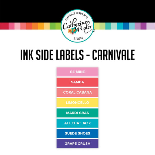 Catherine Pooler - Carnivale - Side Labels. These stickers were designed for you to label your CP full sized ink pads for quick and easy identification of your stored pads. Simply cut and peel each label and place on the side of your ink pads. The stickers are sold in sets of 8 according to each line of color. Available at Embellish Away located in Bowmanville Ontario Canada.
