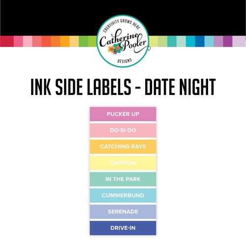 Catherine Pooler - Date Night - Side Labels. These stickers were designed for you to label your CP full sized ink pads for quick and easy identification of your stored pads. Simply cut and peel each label and place on the side of your ink pads. The stickers are sold in sets of 8 according to each line of color. Available at Embellish Away located in Bowmanville Ontario Canada.