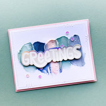 Cargar imagen en el visor de la galería, Catherine Pooler - Dies - Cheerful Greetings. Ready to make greetings cards for all seasons? The Cheerful Greetings Dies coordinates with our Cheerful Greeting Sentiments Stamp Set to cut out the two larger &quot;Greetings&quot; for all of your card needs all year long. Available at Embellish Away located in Bowmanville Ontario Canada. Card example by brand ambassador.
