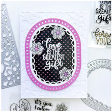 Cargar imagen en el visor de la galería, Catherine Pooler - Dies - Fancy Loop. The Fancy Loop Die is a beautiful scalloped frame die. This straight sided oval or &quot;loop&quot; die is a great shape for a standard A2 card front as a feature frame or popped up element. Available at Embellish Away located in Bowmanville Ontario Canada. Example by brand ambassador.
