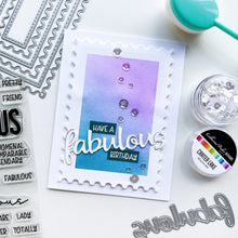 Cargar imagen en el visor de la galería, Catherine Pooler - Word Die - Fabulous. Make every paper project fabulous with the Fabulous Word Die.  This scripted word die is a sassy, modern font.  Use it alone as a fun statement on your card or pair it with the Just Plain Fabulous Sentiments Stamp Set for more sentiment options!  The Fabulous Word Die measures approx. 3 1/2&quot; x 1 1/4&quot;. Available at Embellish Away located in Bowmanville Ontario Canada. Card by Ambassador.
