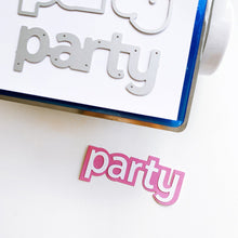 Load image into Gallery viewer, Catherine Pooler - Dies - Party Word. Time to Party with the Party Word Die!  This fun layered word die includes a background frame die and letter dies spelling out PARTY!  Create a fun background layer with ink colors or patterned paper and pop your letters over top to create an eye-catching sentiment. Available at Embellish Away located in Bowmanville Ontario Canada.
