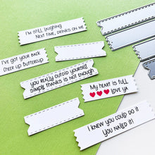 Load image into Gallery viewer, Catherine Pooler - Dies - Tickets &amp; Tape. Tear off a ticket or tape for a fun sentiment layer die. The Ticket &amp; Tape Dies are taller than our classic Sentiment Banner Dies and each style created in two lengths. Available at Embellish Away located in Bowmanville Ontario Canada.

