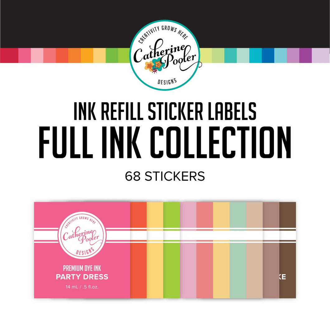 Catherine Pooler - Full Collection Ink Refill Stickers - 68 Colors.  With our new ink pad label update, we also wanted to create a more user friendly Ink Refill label for 2021!  These labels have been color matched for a more accurate representation of our ink colors and will help make it easier to spot which refill you need. Available at Embellish Away located in Bowmanville Ontario Canada.