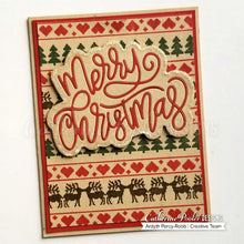Charger l&#39;image dans la galerie, Catherine Pooler - Layered Word Dies - Merry Christmas. Use the thin die cut as a featured sentiment or layer up with a patterned or metallic paper behind for a bit of pop. Either way, this die will put the Merry in everyone&#39;s Christmas! Available at Embellish Away located in Bowmanville Ontario Canada. Card design by Ardyth Percy-Robb.
