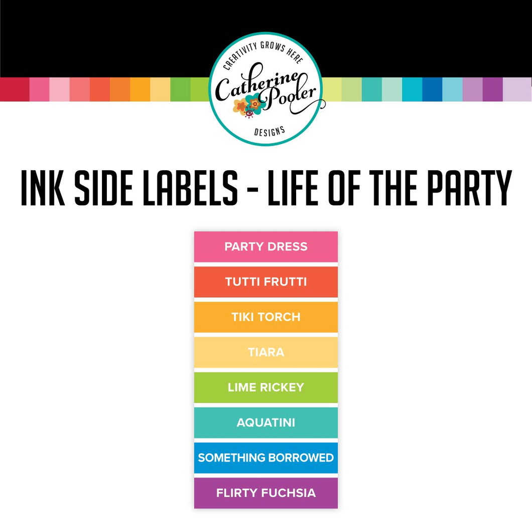 Catherine Pooler - Life Of The Party - Side Labels. These stickers were designed for you to label your CP full sized ink pads for quick and easy identification of your stored pads. Simply cut and peel each label and place on the side of your ink pads. The stickers are sold in sets of 8 according to each line of color. Available at embellish Away located in Bowmanville Ontario Canada.