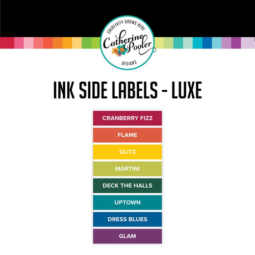 Catherine Pooler - Luxe - Side Labels. These stickers were designed for you to label your CP full sized ink pads for quick and easy identification of your stored pads. Simply cut and peel each label and place on the side of your ink pads. The stickers are sold in sets of 8 according to each line of color. Available at Embellish Away located in Bowmanville Ontario Canada.