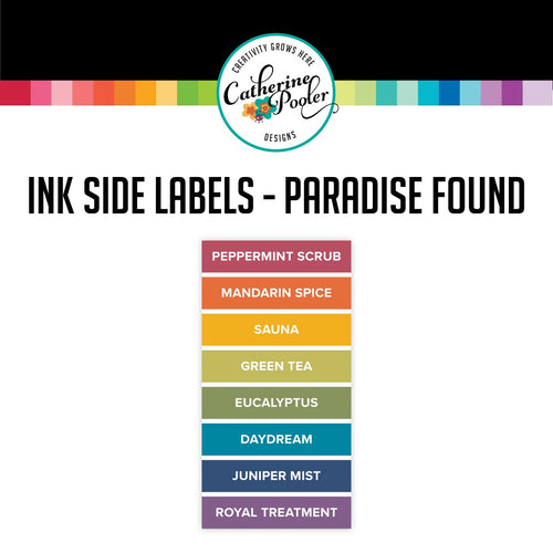 Catherine Pooler - Paradise Found - Side Labels. These stickers were designed for you to label your CP full sized ink pads for quick and easy identification of your stored pads. Simply cut and peel each label and place on the side of your ink pads. The stickers are sold in sets of 8 according to each line of color. Available at Embellish Away located in Bowmanville Ontario Canada.