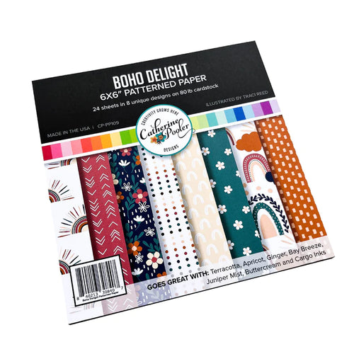 Catherine Pooler - Patterned Paper - Boho Delight. This paper pack has a warm and earthy color combo featuring Terracotta, Apricot, Ginger, Bay Breeze, Juniper Mist, Buttercream and Cargo Inks. Available at Embellish Away located in Bowmanville Ontario Canada.