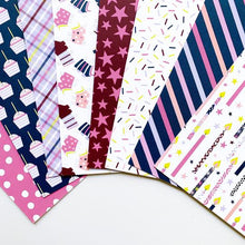 Charger l&#39;image dans la galerie, Catherine Pooler - Patterned Paper - Cupcakes &amp; Candles. Patterned paper that is ready to celebrate- grab a pack of Cupcakes &amp; Candles!  This pack of 8 designs features a spa color combo of Sparkling Berry, Merlot, Clay Mask, Lemongrass, Juniper Mist and Serene.  Featuring fun party patterns of candles and cupcakes as well as festive confetti and dots. Available at Embellish Away located in Bowmanville Ontario Canada.

