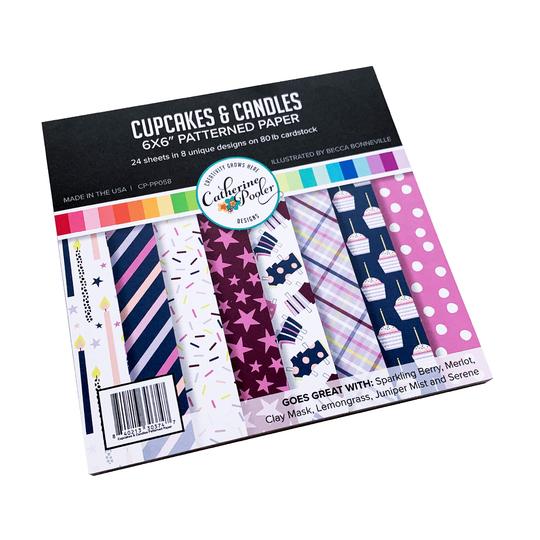 Catherine Pooler - Patterned Paper - Cupcakes & Candles. Patterned paper that is ready to celebrate- grab a pack of Cupcakes & Candles!  This pack of 8 designs features a spa color combo of Sparkling Berry, Merlot, Clay Mask, Lemongrass, Juniper Mist and Serene.  Featuring fun party patterns of candles and cupcakes as well as festive confetti and dots. Available at Embellish Away located in Bowmanville Ontario Canada.