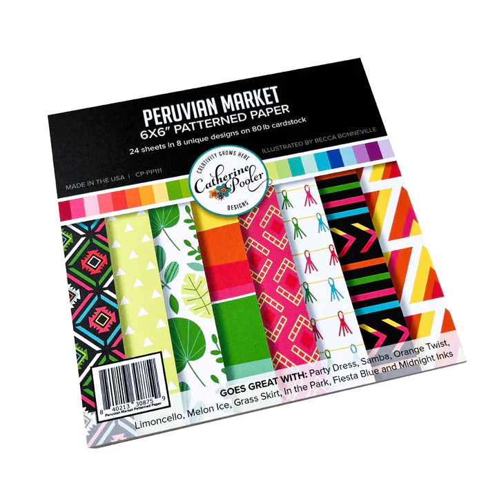 Catherine Pooler - Patterned Paper - Peruvian Market. Get transported to a Peruvian Market with this bright and vibrant paper pack. This 6x6 Patterned Paper features patterns inspired by traditional fabrics and jungle leaves. Available at Embellish Away located in Bowmanville Ontario Canada.