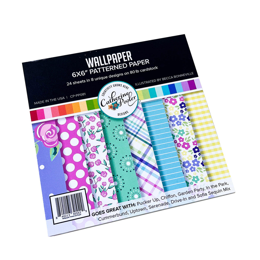 Catherine Pooler - Patterned Paper - Wallpaper. Full of bright and nostalgic patterns and prints is the Wallpaper Patterned Paper pack! The pack features some vintage feel floral prints, gingham, stripe and more! Available at Embellish Away located in Bowmanville Ontario Canada.