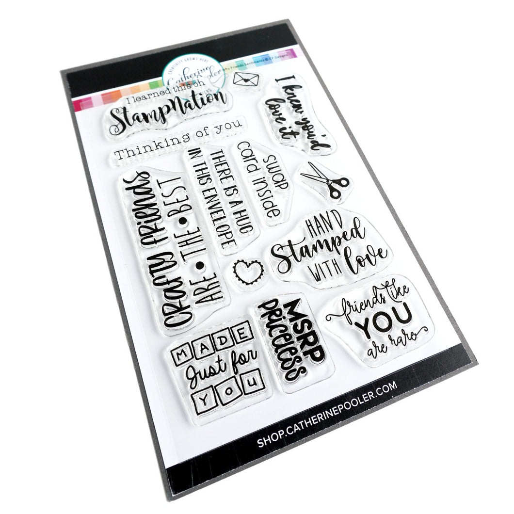 Catherine Pooler - Sentiments Stamp Set - Crafty Friends. Every stamper needs an assortment of craft related sentiments for that added extra touch to your hand-made goods.  The Crafty Friends Sentiment Stamp Set was 