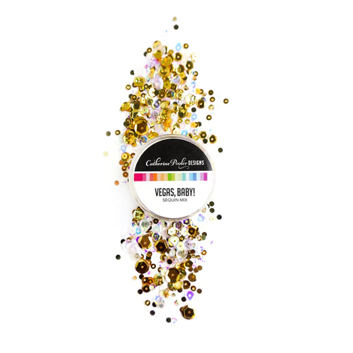 Catherine Pooler - Sequin Mix - Vegas Baby. Add a touch of gold glamour to your projects with the Vegas, Baby sequin mix!  Approx. 1 Tablespoon mixture of gold, sparkling hologram & clear sequins, plus beads. In a clear screw top round container. Available at Embellish Away located in Bowmanville Ontario Canada.