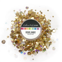 Load image into Gallery viewer, Catherine Pooler - Sequin Mix - Vegas Baby. Add a touch of gold glamour to your projects with the Vegas, Baby sequin mix!  Approx. 1 Tablespoon mixture of gold, sparkling hologram &amp; clear sequins, plus beads. In a clear screw top round container. Available at Embellish Away located in Bowmanville Ontario Canada.
