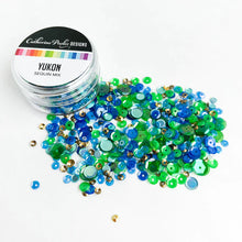 Load image into Gallery viewer, Catherine Pooler - Sequin Mix - Yukon. The wild and mountainous Yukon territory is full of vast stretches of green, and crystal blue glacial waters. That is the inspiration behind this Canadian sequin mix. Available at Embellish Away located in Bowmanville Ontario Canada.
