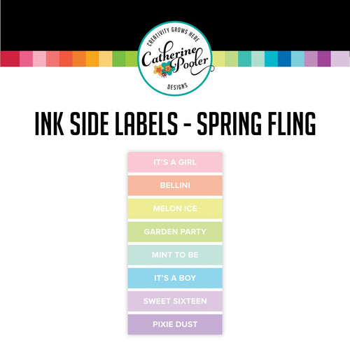Catherine Pooler - Spring Fling - Side Labels. These stickers were designed for you to label your CP full sized ink pads for quick and easy identification of your stored pads. Simply cut and peel each label and place on the side of your ink pads. The stickers are sold in sets of 8 according to each line of color. Available at Embellish Away located in Bowmanville Ontario Canada.