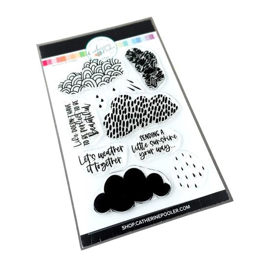 Catherine Pooler - Stamp Set - April Showers. Even a cloudy day can be a good day with a friend! The April Showers Stamp Set includes three patterned clouds and one solid cloud for creating fantastic backgrounds. Available at Embellish Away located in Bowmanville Ontario Canada.