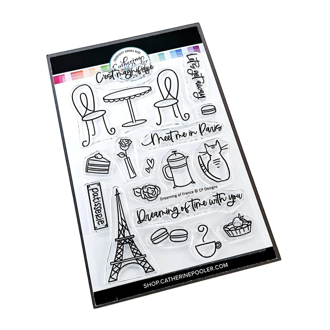 Catherine Pooler - Stamp Set - Dreaming of France. Meet me in Paris, mon cherie! The Dreaming of France Stamp Set will transport you to a French cafe. This stamp set's wispy images feature French confections, coffee, the iconic Eiffel Tower and even a neighborhood kitty. Available at Embellish Away located in Bowmanville Ontario Canada.