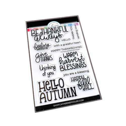 Catherine Pooler - Stamp Set - Give Thanks Sentiments. Add a Fall or Thanksgiving Sentiment to your card with the Give Thanks Sentiments Stamp Set.  This sentiment set features many hand-lettered sentiments with some clean type-set secondary sentiments.  Send 