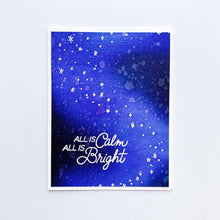 Load image into Gallery viewer, Catherine Pooler - Stamp Set - Holiday Glimmer. Add a burst of sparkle to your holiday cards with the Holiday Glimmer Stamp Set. This large starburst patterned stamp is paired with two classic, hand-lettered sentiments- &quot;wishing you peace &amp; joy&quot; and &quot;all is calm, all is bright&quot;. This set will pair perfectly with our Adorning Doves Stamp Set. Available at Embellish Away located in Bowmanville Ontario Canada. Card example by Catherine Pooler.
