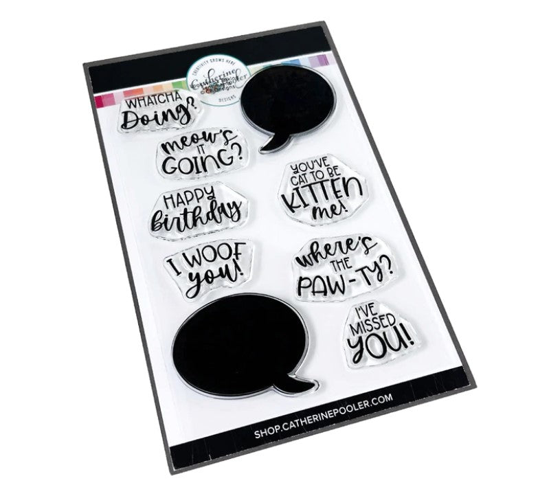 Catherine Pooler - Stamp Set  - Look Who's Talking. If your furry friends could talk...what might they say?   The cute pet pun messages fit inside in the speech bubbles of the Look Who's Talking Dies! Available at Embellish Away located in Bowmanville Ontario Canada.