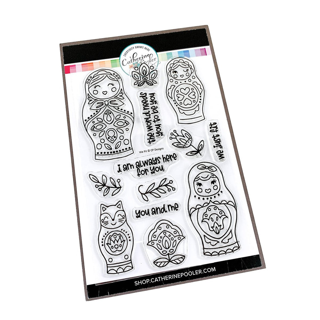 Catherine Pooler - Stamp Set - We Fit. You'll find charming folk art nesting dolls in the We Fit Stamp Set. This line art stamp set has 3 dolls and a cat doll that stamp along side one another from large to small! This set inspired by the art of Eastern Europe includes sweet sentiments like 